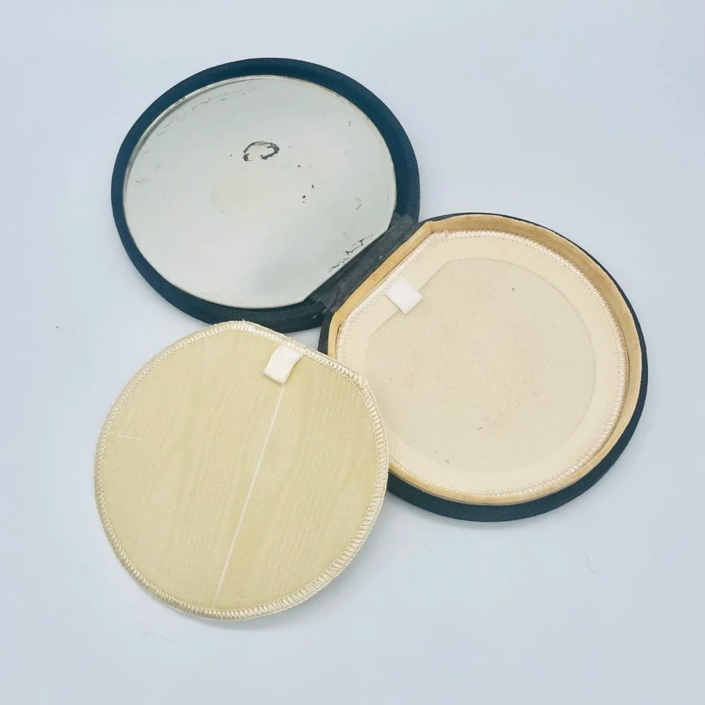 Vintage Needlepoint Floral Powder Compact Mirror Grosgrain Black